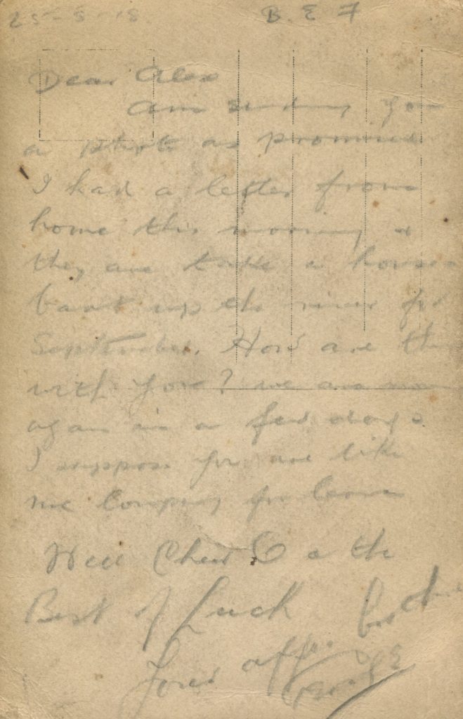 George Toole postcard to Alex back